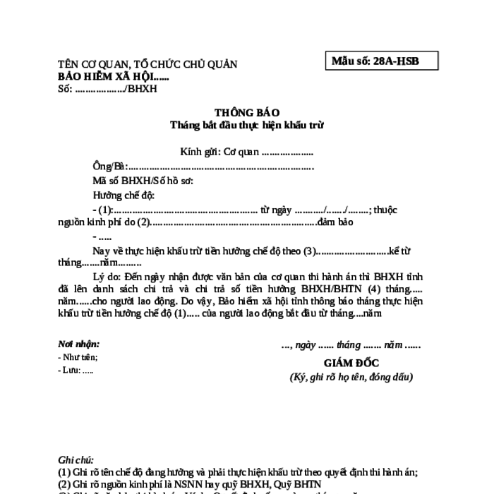 MẪU THÔNG BÁO THÁNG BẮT ĐẦU THỰC HIỆN KHẤU TRỪ LƯƠNG HƯU, TRỢ CẤP BẢO HIỂM XÃ HỘI, TRỢ CẤP THẤT NGHIỆP