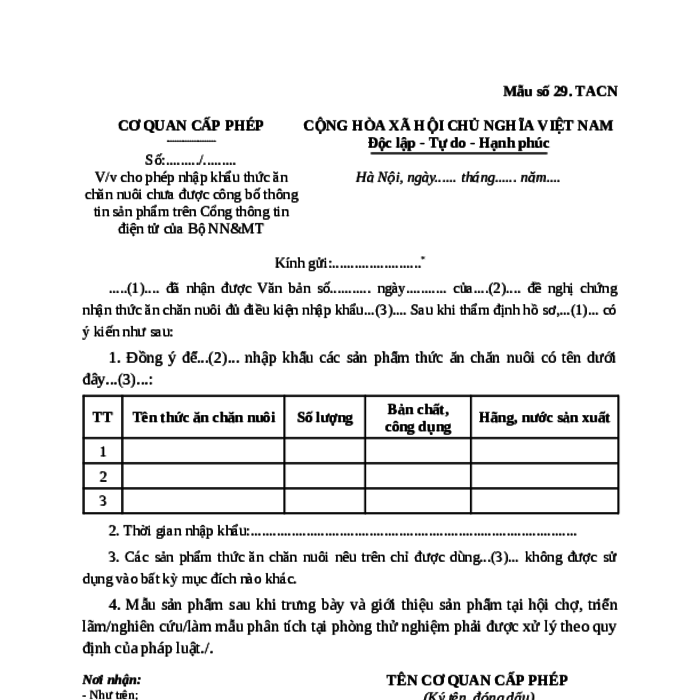 MẪU CÔNG VĂN VỀ VIỆC CHO PHÉP NHẬP KHẨU THỨC ĂN CHĂN NUÔI CHƯA ĐƯỢC CÔNG BỐ THÔNG TIN SẢN PHẨM TRÊN CỔNG THÔNG TIN ĐIỆN TỬ CỦA BỘ NN&MT