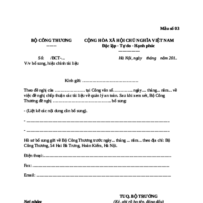MẪU CÔNG VĂN ĐỀ NGHỊ BỔ SUNG, HIỆU CHỈNH TÀI LIỆU QUẢN LÝ AN TOÀN TRONG HOẠT ĐỘNG DẦU KHÍ