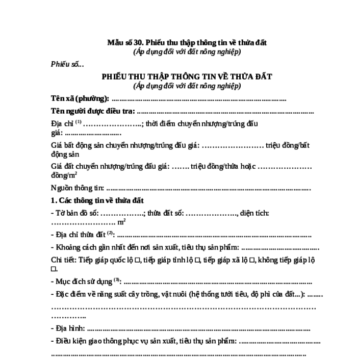 MẪU PHIẾU THU THẬP THÔNG TIN VỀ THỬA ĐẤT (ÁP DỤNG ĐỐI VỚI ĐẤT NÔNG NGHIỆP)
