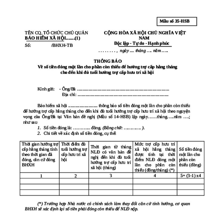 MẪU THÔNG BÁO VỀ SỐ TIỀN ĐÓNG MỘT LẦN CHO PHẦN CÒN THIẾU ĐỂ HƯỞNG TRỢ CẤP HẰNG THÁNG CHO ĐẾN KHI ĐỦ TUỔI HƯỞNG TRỢ CẤP HƯU TRÍ XÃ HỘI