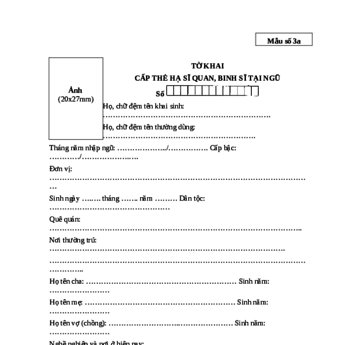 MẪU TỜ KHAI CẤP THẺ HẠ SĨ QUAN, BINH SĨ TẠI NGŨ