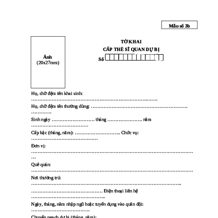 MẪU TỜ KHAI CẤP THẺ SĨ QUAN DỰ BỊ