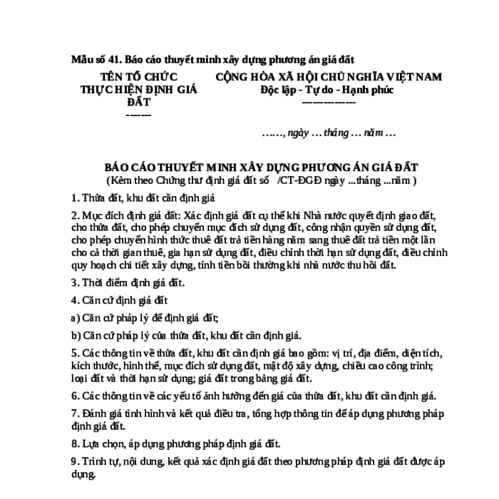 MẪU BÁO CÁO THUYẾT MINH XÂY DỰNG PHƯƠNG ÁN GIÁ ĐẤT
