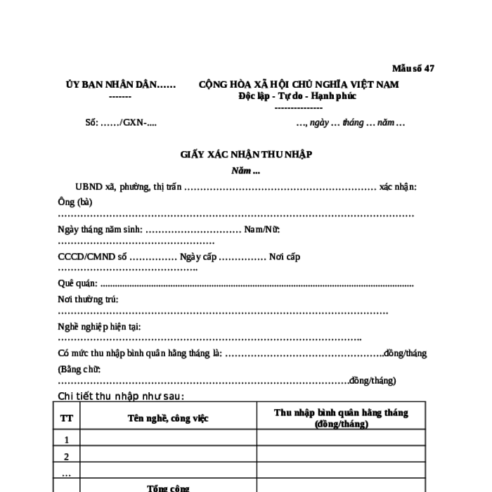 MẪU GIẤY XÁC NHẬN THU NHẬP
