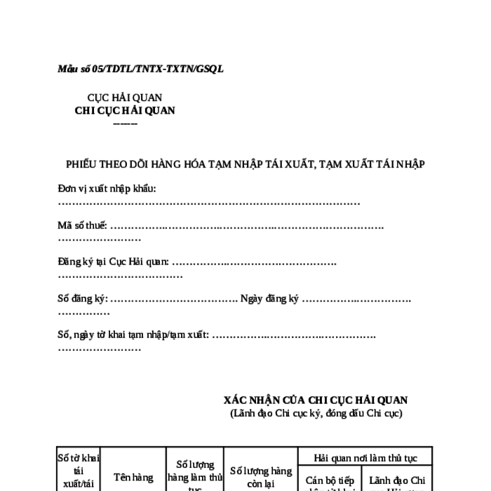 MẪU PHIẾU THEO DÕI HÀNG HÓA TẠM NHẬP TÁI XUẤT, TẠM XUẤT TÁI NHẬP (ÁP DỤNG TRONG TRƯỜNG HỢP HỆ THỐNG XỬ LÝ DỮ LIỆU ĐIỆN TỬ HẢI QUAN GẶP SỰ CỐ)