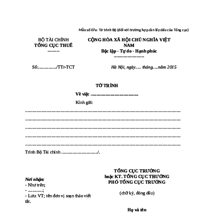 MẪU TỜ TRÌNH BỘ (ĐỐI VỚI TRƯỜNG HỢP CẦN LẤY DẤU CỦA TỔNG CỤC) TẠI CƠ QUAN TỔNG CỤC THUẾ