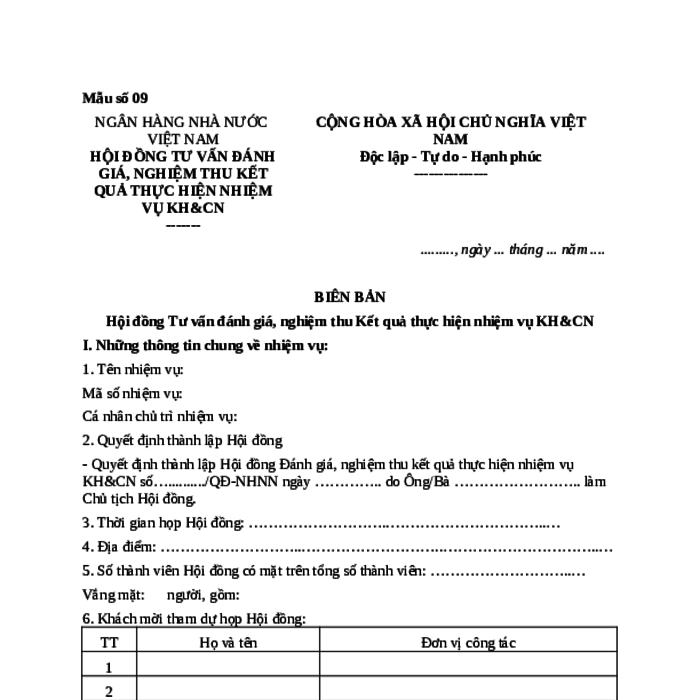 MẪU BIÊN BẢN HỘI ĐỒNG TƯ VẤN ĐÁNH GIÁ, NGHIỆM THU KẾT QUẢ THỰC HIỆN NHIỆM VỤ KH&CN CẤP BỘ CỦA NGÂN HÀNG NHÀ NƯỚC VIỆT NAM