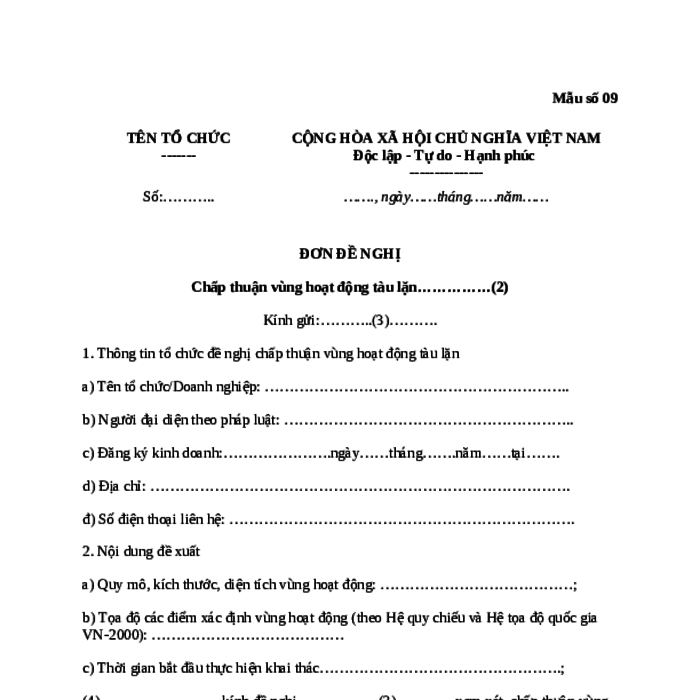 MẪU ĐƠN ĐỀ NGHỊ CHẤP THUẬN VÙNG HOẠT ĐỘNG TÀU LẶN