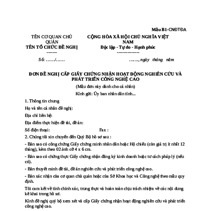 MẪU ĐƠN ĐỀ NGHỊ CẤP GIẤY CHỨNG NHẬN HOẠT ĐỘNG NGHIÊN CỨU VÀ PHÁT TRIỂN CÔNG NGHỆ CAO (DÀNH CHO CÁ NHÂN)