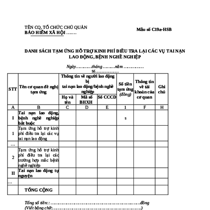 MẪU DANH SÁCH TẠM ỨNG HỖ TRỢ KINH PHÍ ĐIỀU TRA LẠI CÁC VỤ TAI NẠN LAO ĐỘNG, BỆNH NGHỀ NGHIỆP