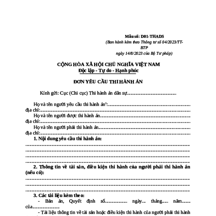 MẪU ĐƠN YÊU CẦU THI HÀNH ÁN DÂN SỰ