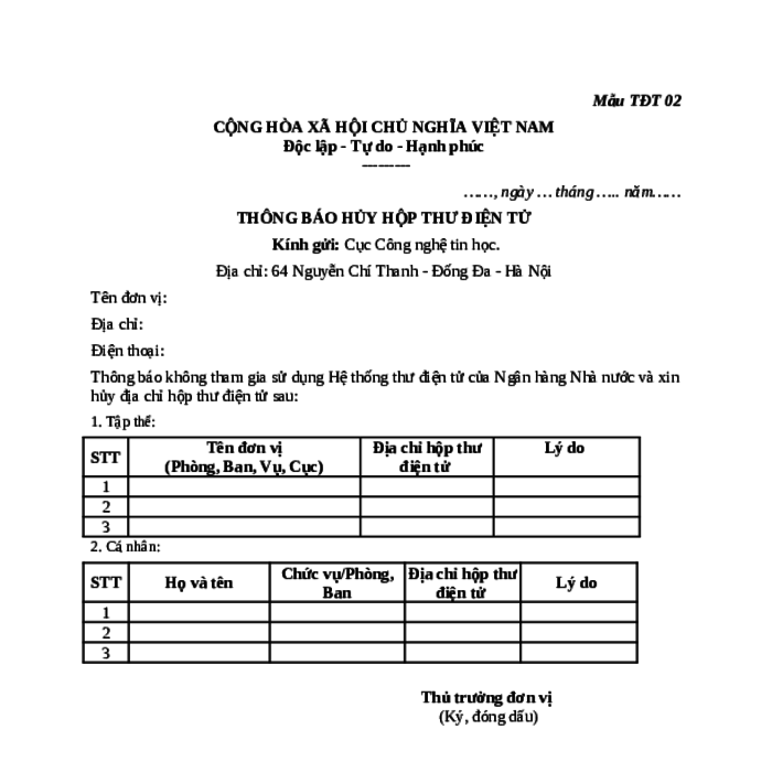 MẪU THÔNG BÁO HỦY HỘP THƯ ĐIỆN TỬ CỦA NGÂN HÀNG NHÀ NƯỚC VIỆT NAM