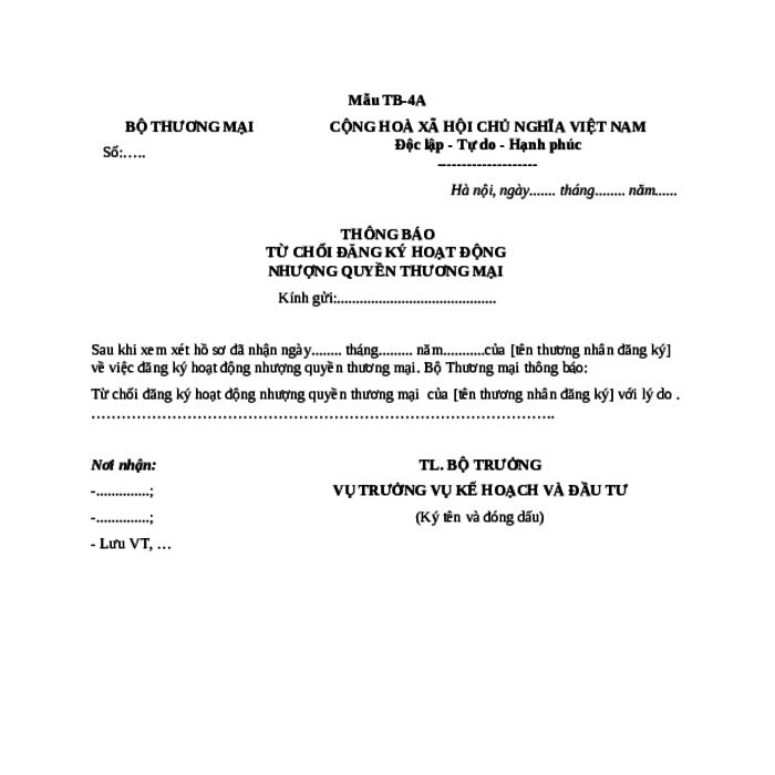 MẪU THÔNG BÁO TỪ CHỐI ĐĂNG KÝ HOẠT ĐỘNG NHƯỢNG QUYỀN THƯƠNG MẠI (ÁP DỤNG TRƯỜNG HỢP ĐĂNG KÝ TẠI BỘ THƯƠNG MẠI)