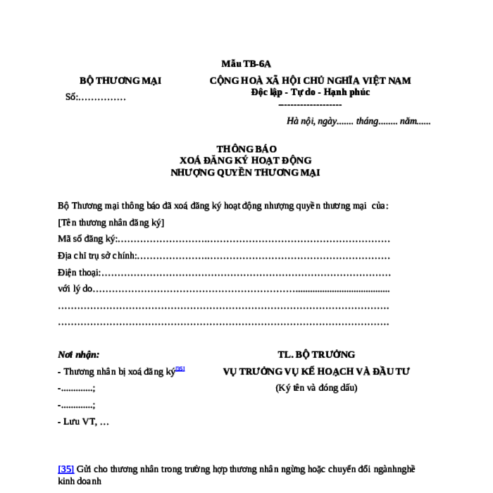MẪU THÔNG BÁO XOÁ ĐĂNG KÝ HOẠT ĐỘNG NHƯỢNG QUYỀN THƯƠNG MẠI (ÁP DỤNG TRƯỜNG HỢP ĐĂNG KÝ TẠI BỘ THƯƠNG MẠI)