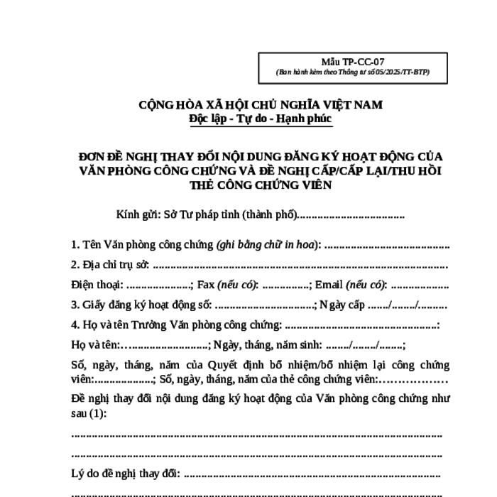 MẪU ĐƠN ĐỀ NGHỊ THAY ĐỔI NỘI DUNG ĐĂNG KÝ HOẠT ĐỘNG CỦA VĂN PHÒNG CÔNG CHỨNG VÀ ĐỀ NGHỊ CẤP/CẤP LẠI/THU HỒI THẺ CÔNG CHỨNG VIÊN