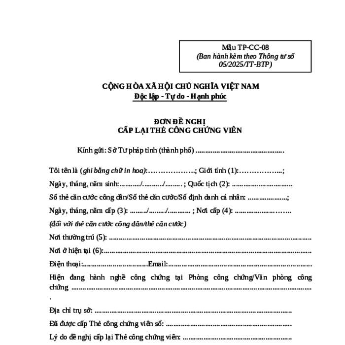 MẪU ĐƠN ĐỀ NGHỊ CẤP LẠI THẺ CÔNG CHỨNG VIÊN
