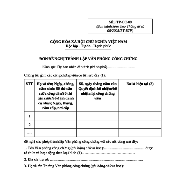 MẪU ĐƠN ĐỀ NGHỊ THÀNH LẬP VĂN PHÒNG CÔNG CHỨNG