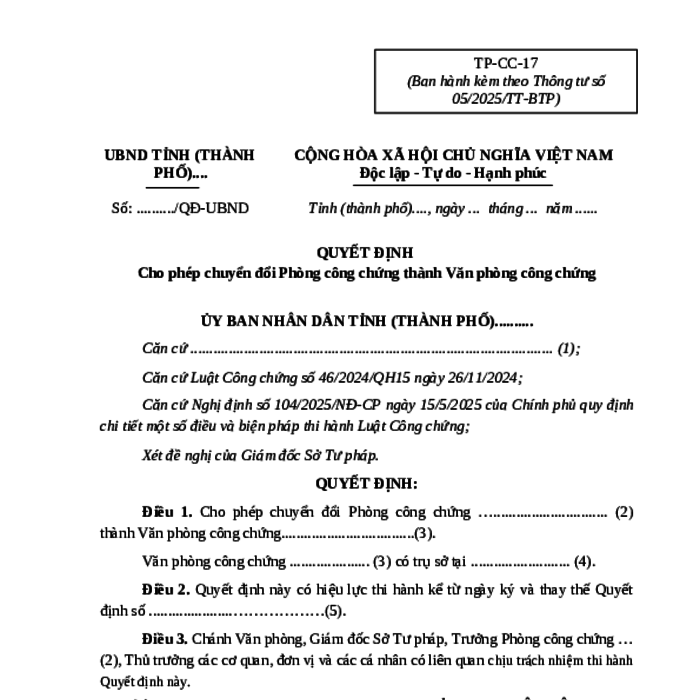 MẪU QUYẾT ĐỊNH CHO PHÉP CHUYỂN ĐỔI PHÒNG CÔNG CHỨNG THÀNH VĂN PHÒNG CÔNG CHỨNG