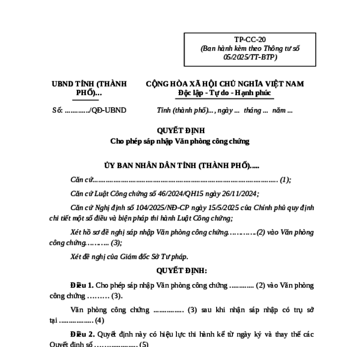 MẪU QUYẾT ĐỊNH CHO PHÉP SÁP NHẬP VĂN PHÒNG CÔNG CHỨNG