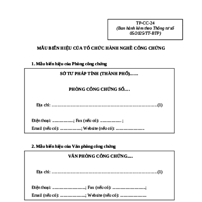 MẪU BIỂN HIỆU CỦA TỔ CHỨC HÀNH NGHỀ CÔNG CHỨNG