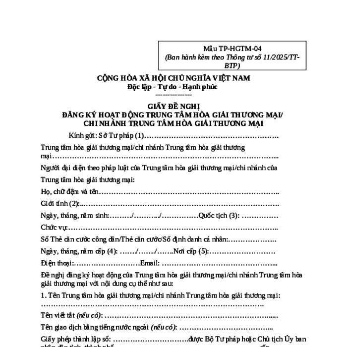 MẪU GIẤY ĐỀ NGHỊ ĐĂNG KÝ HOẠT ĐỘNG TRUNG TÂM HÒA GIẢI THƯƠNG MẠI/CHI NHÁNH TRUNG TÂM HÒA GIẢI THƯƠNG MẠI