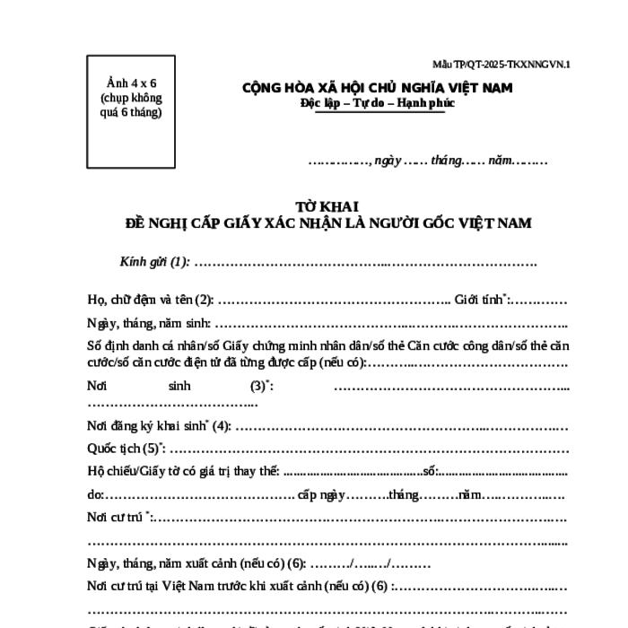 MẪU TỜ KHAI ĐỀ NGHỊ CẤP GIẤY XÁC NHẬN LÀ NGƯỜI GỐC VIỆT NAM