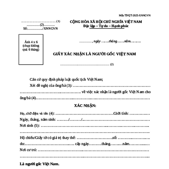 MẪU GIẤY XÁC NHẬN LÀ NGƯỜI GỐC VIỆT NAM (BẢN ĐIỆN TỬ)