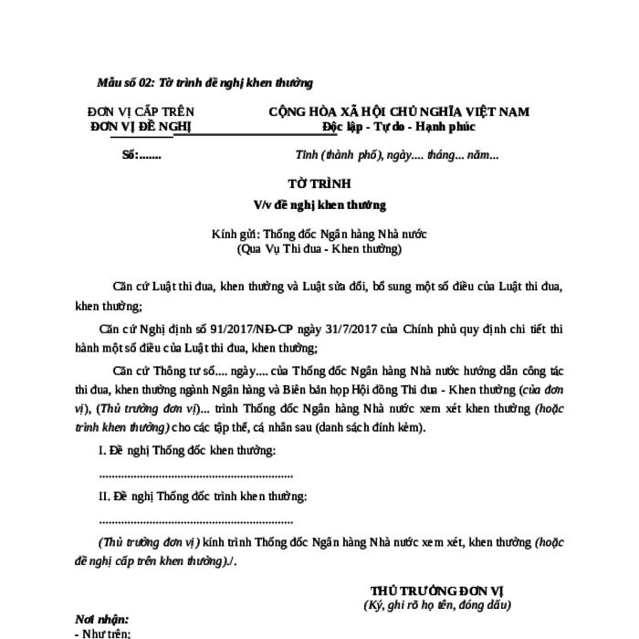 MẪU TỜ TRÌNH ĐỀ NGHỊ KHEN THƯỞNG (NGÀNH NGÂN HÀNG)