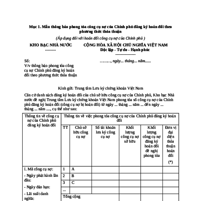 MẪU CÔNG VĂN VỀ VIỆC THÔNG BÁO PHONG TỎA CÔNG CỤ NỢ CỦA CHÍNH PHỦ ĐĂNG KÝ HOÁN ĐỔI THEO PHƯƠNG THỨC THỎA THUẬN (ÁP DỤNG ĐỐI VỚI HOÁN ĐỔI CÔNG CỤ NỢ CỦA CHÍNH PHỦ)