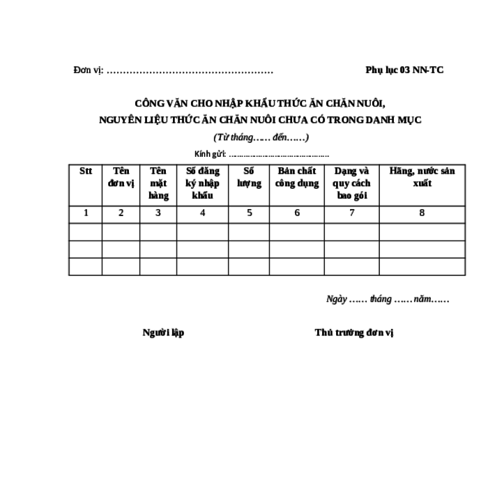 MẪU CÔNG VĂN CHO NHẬP KHẨU THỨC ĂN CHĂN NUÔI, NGUYÊN LIỆU THỨC ĂN CHĂN NUÔI CHƯA CÓ TRONG DANH MỤC