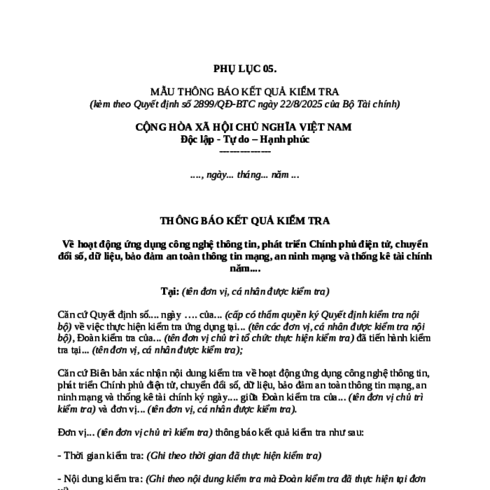 MẪU THÔNG BÁO KẾT QUẢ KIỂM TRA HOẠT ĐỘNG ỨNG DỤNG CÔNG NGHỆ THÔNG TIN, PHÁT TRIỂN CHÍNH PHỦ ĐIỆN TỬ, CHUYỂN ĐỔI SỐ, DỮ LIỆU, BẢO ĐẢM AN TOÀN THÔNG TIN MẠNG,... TẠI CÁC CƠ QUAN, ĐƠN VỊ THUỘC BỘ TÀI CHÍNH