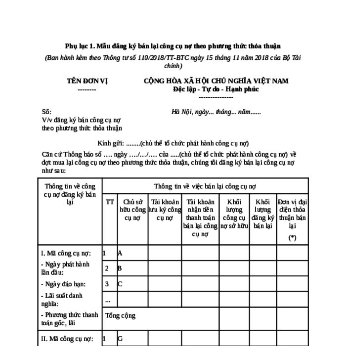 MẪU CÔNG VĂN VỀ VIỆC ĐĂNG KÝ BÁN CÔNG CỤ NỢ THEO PHƯƠNG THỨC THỎA THUẬN