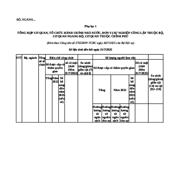 MẪU TỔNG HỢP CƠ QUAN, TỔ CHỨC HÀNH CHÍNH NHÀ NƯỚC, ĐƠN VỊ SỰ NGHIỆP CÔNG LẬP THUỘC BỘ, CƠ QUAN NGANG BỘ, CƠ QUAN THUỘC CHÍNH PHỦ