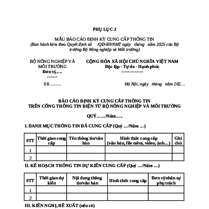 MẪU BÁO CÁO ĐỊNH KỲ CUNG CẤP THÔNG TIN TRÊN CỔNG THÔNG TIN ĐIỆN TỬ BỘ NÔNG NGHIỆP VÀ MÔI TRƯỜNG