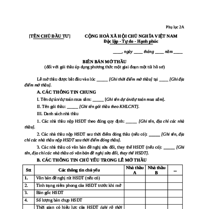 MẪU BIÊN BẢN MỞ THẦU (ĐỐI VỚI GÓI THẦU ÁP DỤNG PHƯƠNG THỨC MỘT GIAI ĐOẠN MỘT TÚI HỒ SƠ)