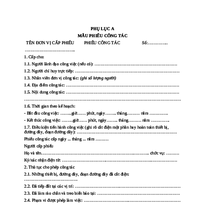 MẪU PHIẾU CÔNG TÁC (CHO PHÉP LÀM VIỆC VỚI THIẾT BỊ ĐIỆN, ĐƯỜNG DÂY ĐIỆN)