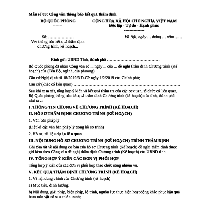 MẪU CÔNG VĂN THÔNG BÁO KẾT QUẢ THẨM ĐỊNH CHƯƠNG TRÌNH, KẾ HOẠCH KHẮC PHỤ HẬU QUẢ BOM MÌN VẬT NỔ
