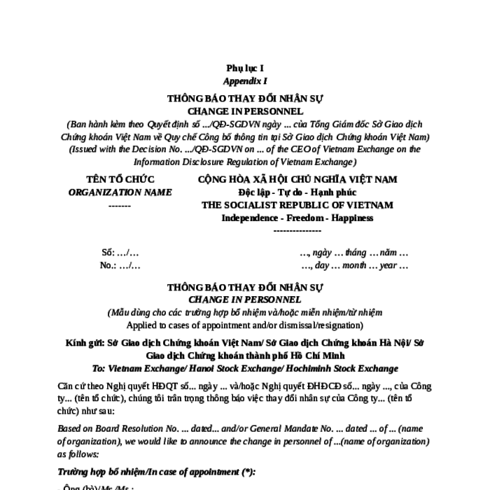 MẪU THÔNG BÁO THAY ĐỔI NHÂN SỰ DÙNG CHO CÁC TRƯỜNG HỢP BỔ NHIỆM VÀ/HOẶC MIỄN NHIỆM/TỪ NHIỆM