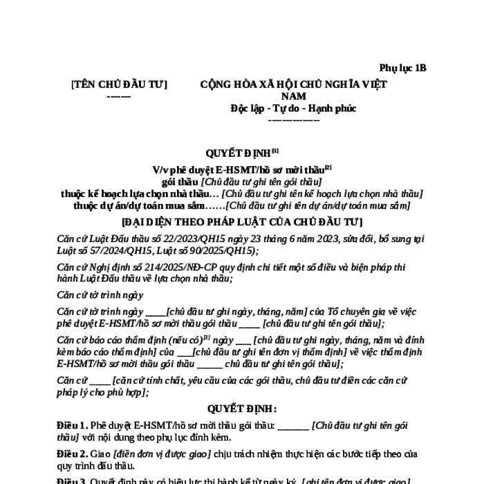 MẪU QUYẾT ĐỊNH PHÊ DUYỆT E-HSMT/HỒ SƠ MỜI THẦU