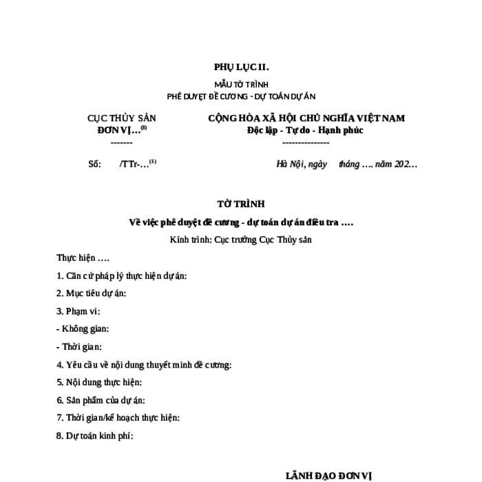 MẪU TỜ TRÌNH PHÊ DUYỆT ĐỀ CƯƠNG - DỰ TOÁN DỰ ÁN (ÁP DỤNG ĐỐI VỚI  DỰ ÁN ĐIỀU TRA CƠ BẢN THUỘC PHẠM VI QUẢN LÝ CỦA CỤC THỦY SẢN)