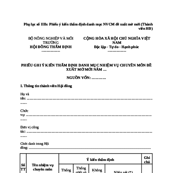 MẪU PHIẾU Ý KIẾN THẨM ĐỊNH DANH MỤC NHIỆM VỤ CHUYÊN MÔN ĐỀ XUẤT MỞ MỚI (THÀNH VIÊN HỘI ĐỒNG) CỦA BỘ NÔNG NGHIỆP VÀ MÔI TRƯỜNG