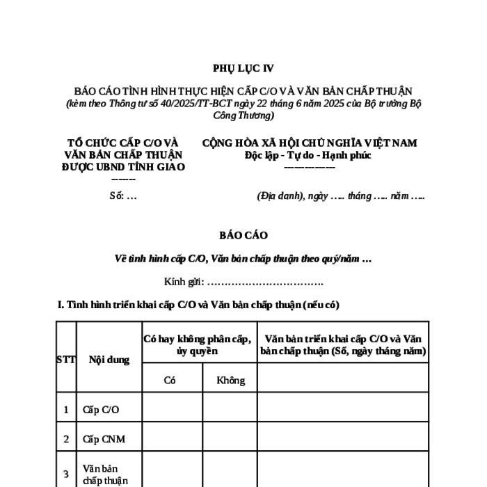 MẪU BÁO CÁO VỀ TÌNH HÌNH CẤP C/O, VĂN BẢN CHẤP THUẬN DO BỘ CÔNG THƯƠNG BAN HÀNH