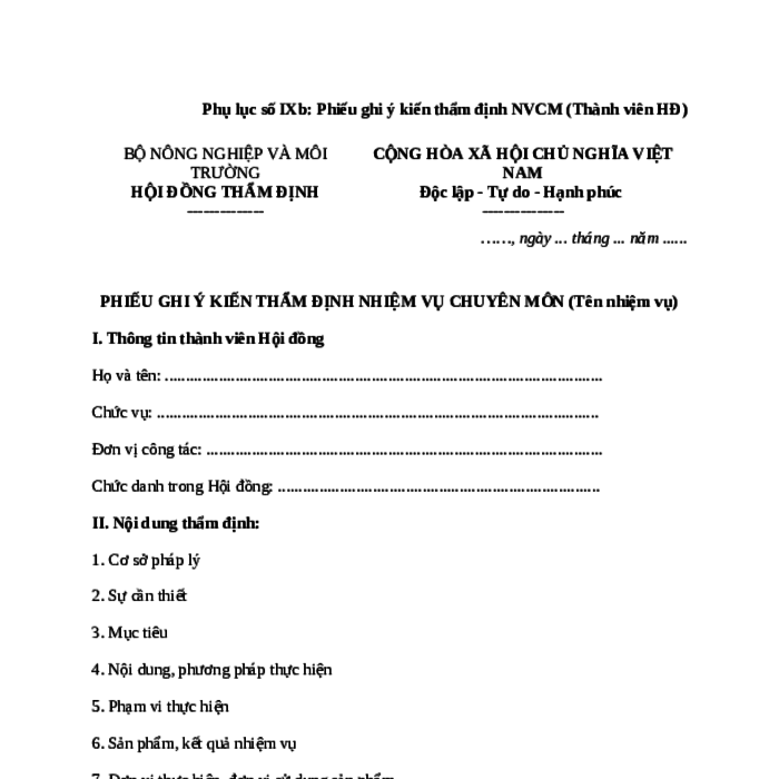 MẪU PHIẾU GHI Ý KIẾN THẨM ĐỊNH NHIỆM VỤ CHUYÊN MÔN (THÀNH VIÊN HỘI ĐỒNG) CỦA BỘ NÔNG NGHIỆP VÀ MÔI TRƯỜNG