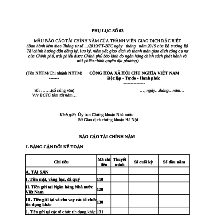 MẪU CÔNG VĂN VỀ VIỆC BÁO CÁO TÀI CHÍNH NĂM CỦA THÀNH VIÊN GIAO DỊCH ĐẶC BIỆT