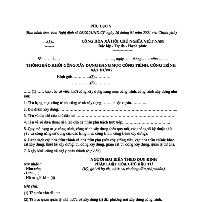 MẪU THÔNG BÁO KHỞI CÔNG XÂY DỰNG HẠNG MỤC CÔNG TRÌNH, CÔNG TRÌNH XÂY DỰNG