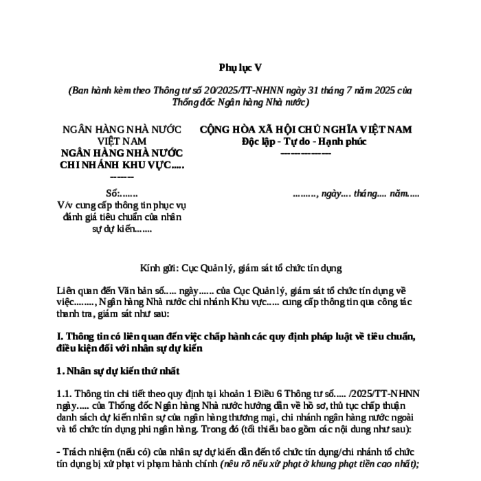 MẪU CÔNG VĂN VỀ VIỆC CUNG CẤP THÔNG TIN PHỤC VỤ ĐÁNH GIÁ TIÊU CHUẨN CỦA NHÂN SỰ DỰ KIẾN CỦA NGÂN HÀNG THƯƠNG MẠI, TỔ CHỨC TÍN DỤNG PHI NGÂN HÀNG