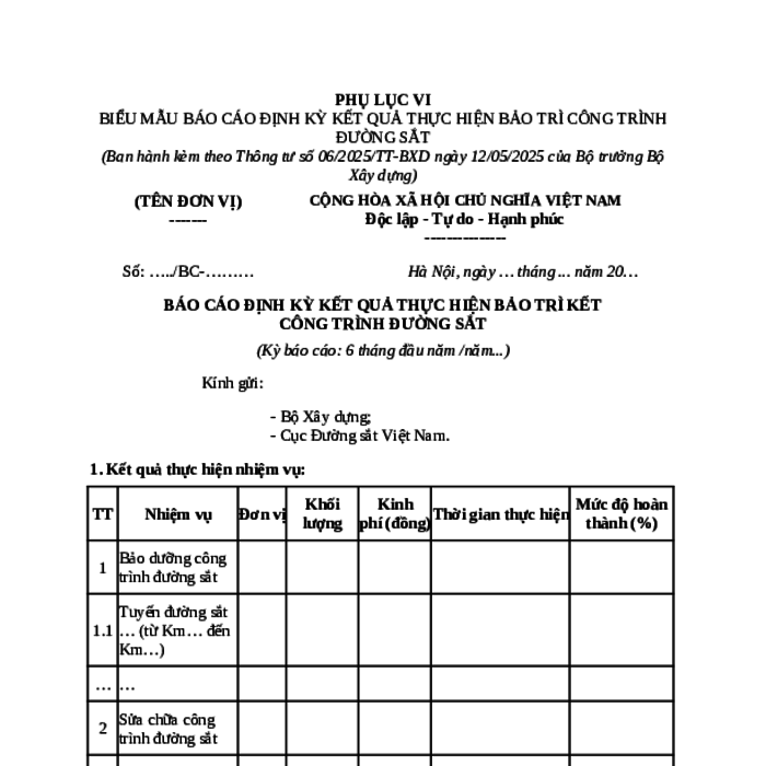 MẪU BÁO CÁO ĐỊNH KỲ KẾT QUẢ THỰC HIỆN BẢO TRÌ CÔNG TRÌNH ĐƯỜNG SẮT