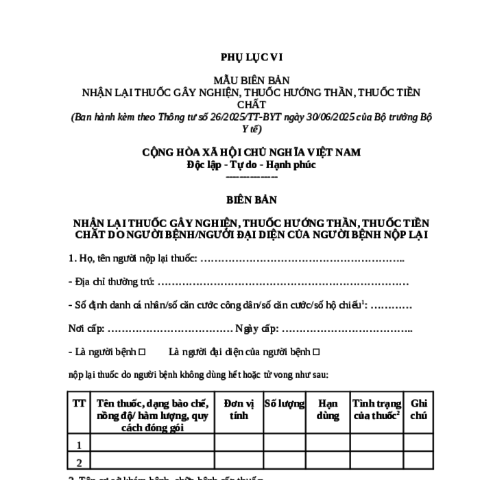 MẪU BIÊN BẢN NHẬN LẠI THUỐC GÂY NGHIỆN, THUỐC HƯỚNG THẦN, THUỐC TIỀN CHẤT DO NGƯỜI BỆNH/NGƯỜI ĐẠI DIỆN CỦA NGƯỜI BỆNH NỘP LẠI
