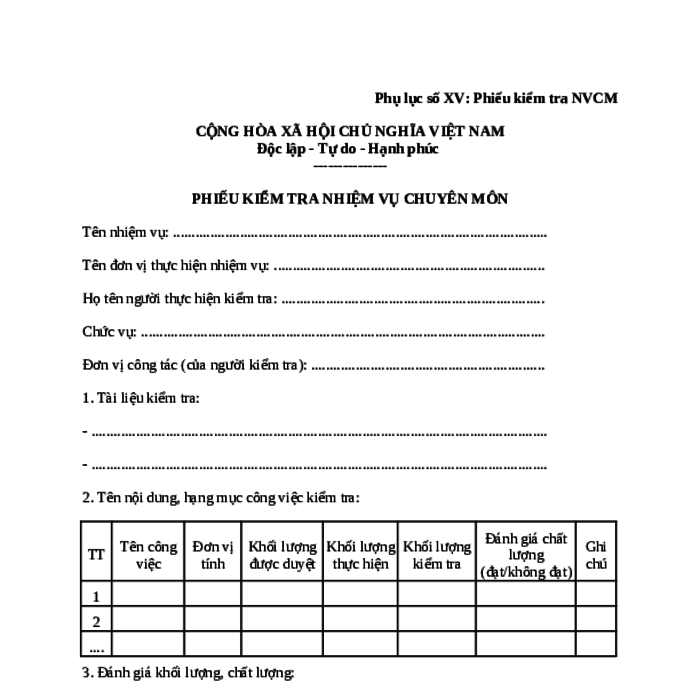 MẪU PHIẾU KIỂM TRA NHIỆM VỤ CHUYÊN MÔN CỦA BỘ NÔNG NGHIỆP VÀ MÔI TRƯỜNG